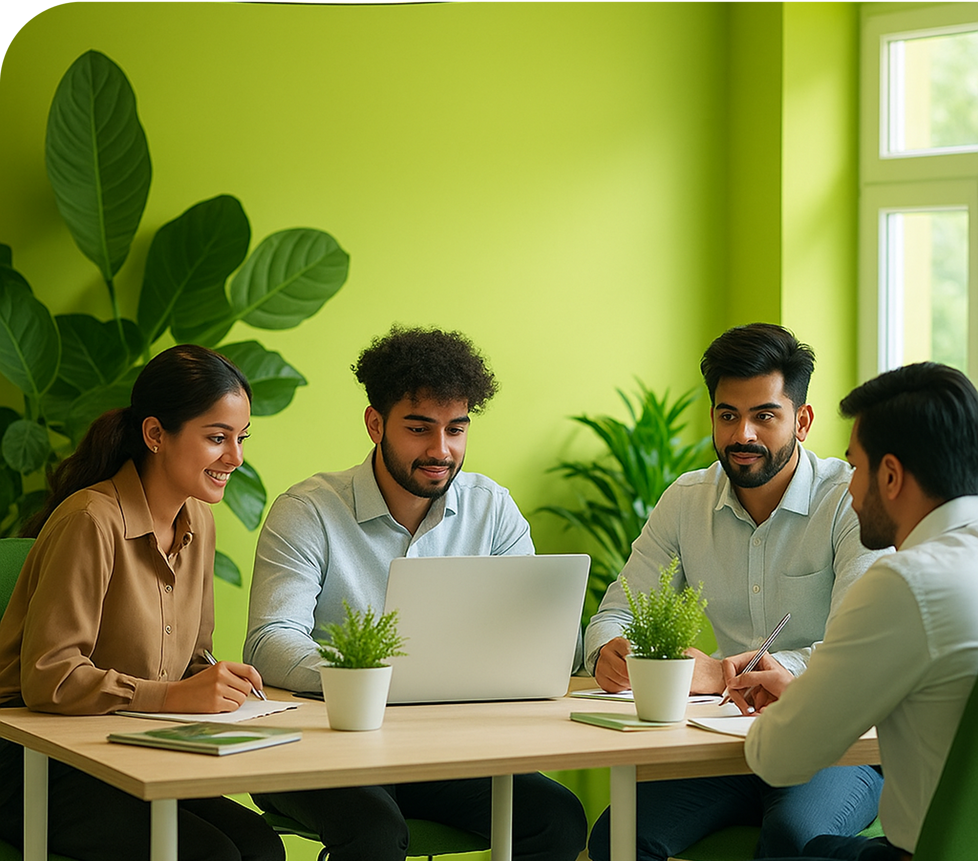 Business professionals in a meeting room with sunset view